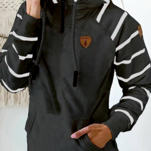 Casual Turtleneck Striped Sweatshirt Drawstring, Hoodies & Sweatshirts, color:Black|size:XXL, Noracora