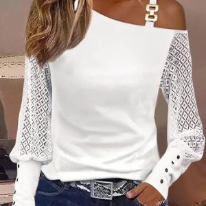 Plain Buckle One Shoulder Patchwork lace Casual Top 2023, Blouses, color:White|size:XXL, Noracora