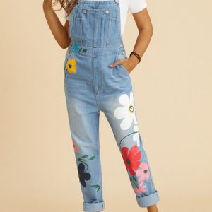 Casual Sleeveless Denim Floral Floral-Print One-Pieces, Jumpsuits＆Rompers, color:Gray|size:5XL, JustFashionNow