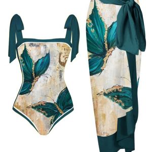 Vacation Abstract Printing One Piece With Cover Up, swimwear>>Bikini Sets, color:Green|size:XXL, JustFashionNow