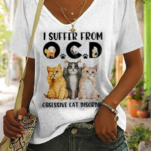 Fun Animal Design Loose V-Neck Knitted T-Shirt, T-Shirts, color:White|size:XXL, JustFashionNow