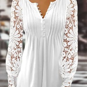 Plain Casual Patchwork lace Notched Tunic Top, Blouses, color:White|size:XS, Noracora