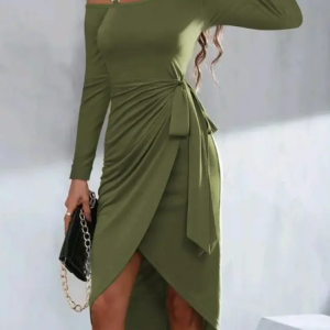One Shoulder Casual Plain Regular Fit Dress, Dresses, color:Army Green|size:XXL, JustFashionNow