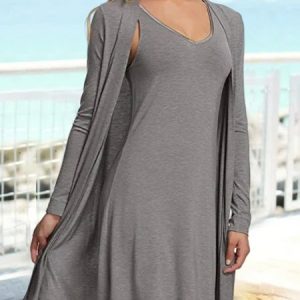 Plain V Neck Casual Loose Two-Piece Set, Basic Dresses, color:Gray|size:XXL, JustFashionNow