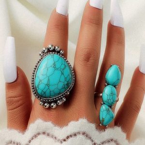 2pcs Ethnic Style Turquoise Irregular Shaped Ring Set Boho Leisure Vacation Women Jewelry, Rings, color:Cyan|size:One-size, JustFashionNow