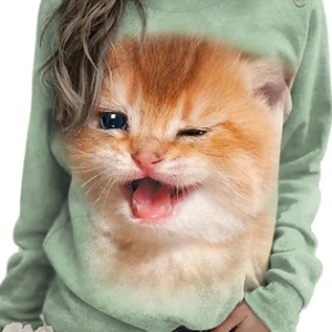 Casual Crew Neck Cat Sweatshirt, Hoodies & Sweatshirts, color:Green|size:5XL, Noracora