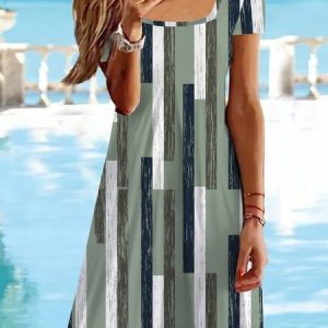 Square Neck Loose Vacation Dress, Short, color:Green|size:XXL, Noracora