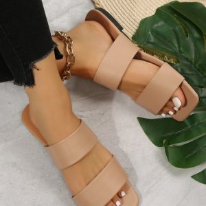 Khaki Double Thick Strips Simple Flat Square Head Sandals, Sandals, color:Khaki|size:42, JustFashionNow