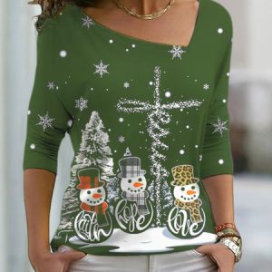 Women's Black long sleeve Tee Snowman Christmas Tree Printed T-shirts, T-Shirts, color:Green|size:3XL, JustFashionNow