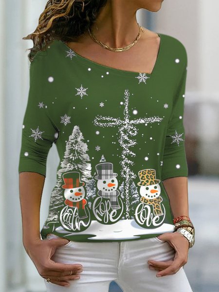 Women's Black long sleeve Tee Snowman Christmas Tree Printed T-shirts, T-Shirts, color:Green|size:3XL, JustFashionNow