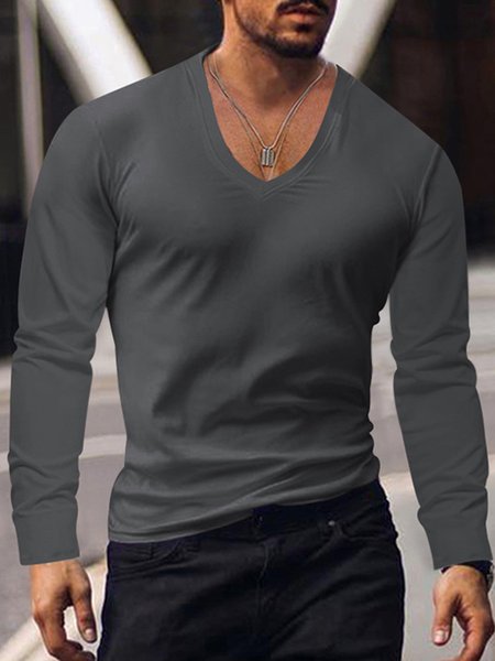 Casual Regular Fit Plain V Neck T-Shirt, T-Shirts, color:Deep Gray|size:3XL, JustFashionNow
