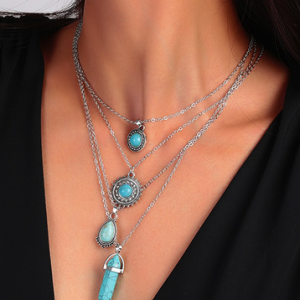 Vacation Turquoise Silver Metal Tiered Necklace Boho Women's Jewelry, Necklace, color:Silver|size:One-size, Noracora