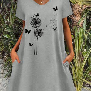 Women's Dandelion Print Casual Dress, color:Gray|size:3XL, Lilicloth.com
