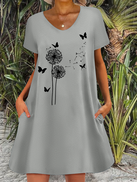 Women's Dandelion Print Casual Dress, color:Gray|size:3XL, Lilicloth.com