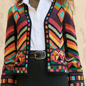 Women Yarn/Wool Yarn Color Block Long Sleeve Comfy Boho Cardigan, Cardigans, color:Multicolor|size:XXL, Noracora
