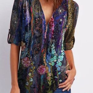 JFN V Neck Vintage Half Sleeve Blouse, Shirts & Blouses, color:Multicolor|size:XXL, JustFashionNow