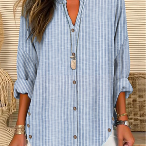 Shirt Collar Long Sleeve Striped Buckle Regular Loose TUNIC Blouse For Women, Shirts, color:Light Blue|size:XXL, Noracora