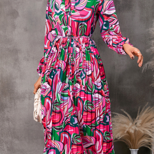 Women Leaf Shirt Collar Long Sleeve Comfy Boho Midi Dress, Midi, color:Deep Pink|size:XXL, Noracora