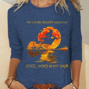 Women's On A Dark Desert Highway Cool Wind In My Hair Halloween Text Letters Long Sleeve Top, Long sleeves, Lilicloth.com