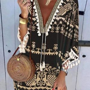 Women Ethnic V Neck Half Sleeve Comfy Vacation Short Dress, Short, color:Black|size:3XL, Noracora