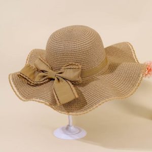 Beach Vacation Handwoven Straw Hat With Bow Boho Women's Accessories, Women Hats, color:Khaki|size:One-size, JustFashionNow