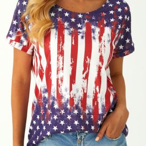 America Flag Casual Crew Neck T-Shirt, T-Shirts, color:Blue|size:XXL, JustFashionNow