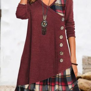 Casual Plaid Panel Loose Crew Neck Dress, Midi, color:Red|size:XXL, Noracora