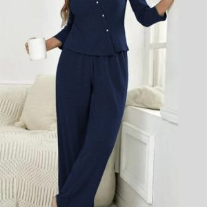 Ribbed Knit Lounge Crew Neck Buttoned Two-Piece Set, Suit Set, color:Navyblue|size:XXL, JustFashionNow
