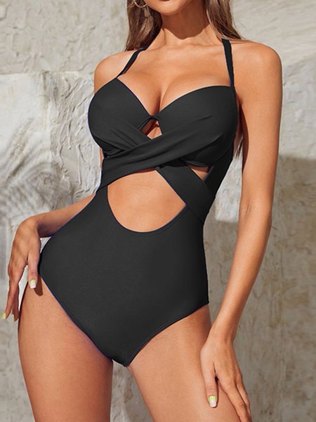 Sexy Hollow Out Plain Notched One-Piece Swimsuit, One-Pieces, color:Black|size:L, Stylewe