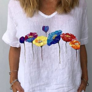 Cotton V Neck Loose Casual Shirt, Shirts & Blouses, color:White|size:XXL, JustFashionNow