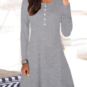 Women Plain Half Open Collar Long Sleeve Comfy Casual Midi Dress, Midi, color:Gray|size:XXL, Noracora
