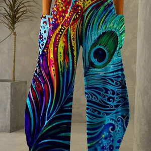 Women's Casual Peacock Feather Wide Leg Pants Holiday Boho Clothing, Pants, color:As Picture|size:3XL, JustFashionNow