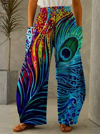 Women's Casual Peacock Feather Wide Leg Pants Holiday Boho Clothing, Pants, color:As Picture|size:3XL, JustFashionNow