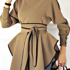 Plain Loose Elegant Stand Collar Top, Blouses and Shirts, color:Khaki|size:XXL, Stylewe