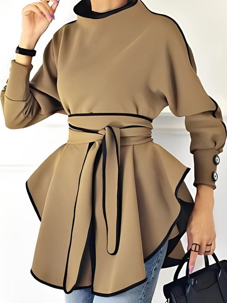 Plain Loose Elegant Stand Collar Top, Blouses and Shirts, color:Khaki|size:XXL, Stylewe
