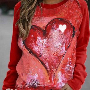 Women's Pullovers Casual Heart-shaped Color Block Long Sleeve Round Neck Pullovers, Sweatshirts & Hoodies, color:Red|size:XXL, JustFashionNow