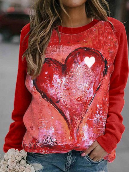 Women's Pullovers Casual Heart-shaped Color Block Long Sleeve Round Neck Pullovers, Sweatshirts & Hoodies, color:Red|size:XXL, JustFashionNow