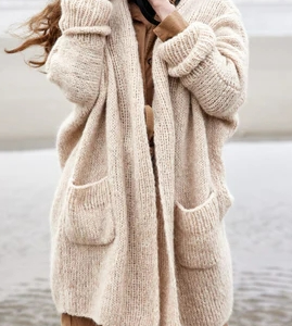 Plain Casual Wrap Loose Sweater Coat, Sweaters, color:Beige|size:XXL, JustFashionNow
