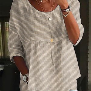 Casual Striped Crew Neck Shirt, Shirts & Blouses, color:Khaki|size:XXL, JustFashionNow