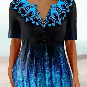 Casual V Neck Ombre Loose Shirt, Shirts & Blouses, color:Blue|size:XXL, JustFashionNow