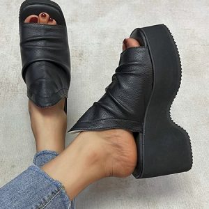 Ruched Platform Wedge Sandals, Sandals, color:Black|size:43, JustFashionNow