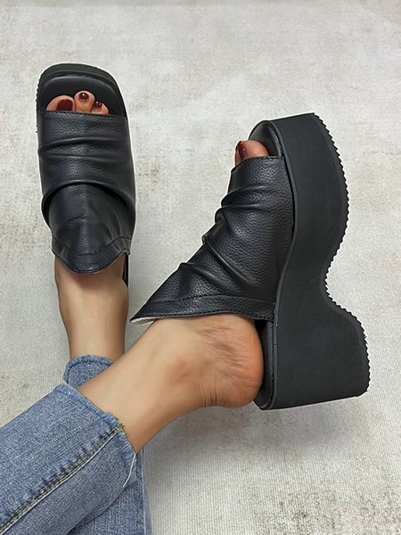 Ruched Platform Wedge Sandals, Sandals, color:Black|size:43, JustFashionNow