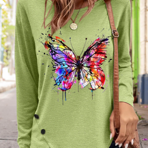 Women's Crew Neck Cotton-Blend Butterfly Simple Shirt, color:Green|size:3XL, Lilicloth.com