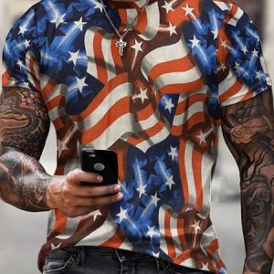 Men's 4th Of July Funny Flag Graphic Printing Loose Casual Eagle Old Glory T-Shirt, color:As Picture|size:3XL, Lilicloth.com