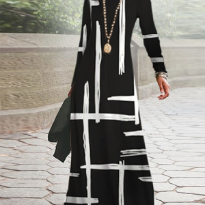 Women's Geometric Loose Casual Crew Neck Dress, Maxi, color:Black|size:XXL, Noracora