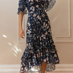 Ditsy Floral Elegant Chiffon Flare Sleeve Dress, JustFashionNow Formal Dresses, color:Dark Blue|size:XXL,