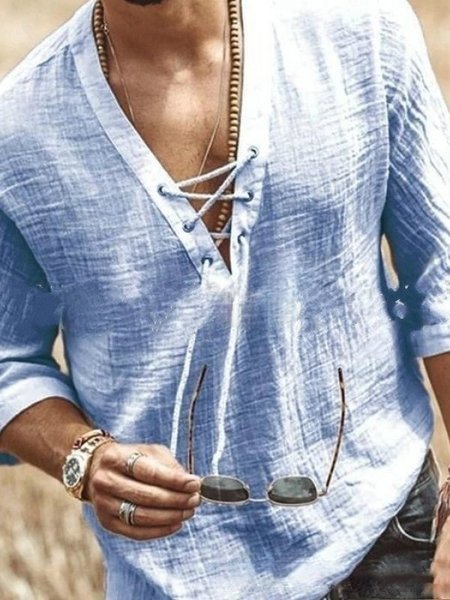 Color Block Cotton-Blend Casual Regular Sleeve V Neck Shirt, Shirts & Blouse, color:Blue|size:3XL, JustFashionNow