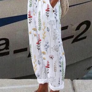 Floral Cotton Loose Casual Pants, Pants, color:White|size:XXL, JustFashionNow