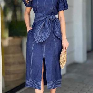 Plus Size Square Neck Short sleeve Loose Elegant Midi Dress, Plus Dresses, color:Denim Blue|size:4X, Stylewe
