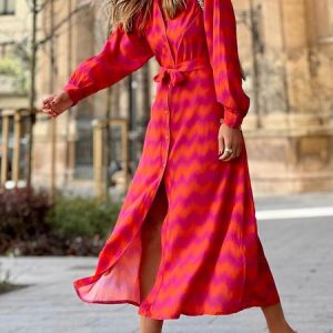 Women Geometric Shirt Collar Long Sleeve Comfy Casual Buckle Midi Dress, Midi, color:Red|size:XXL, Noracora